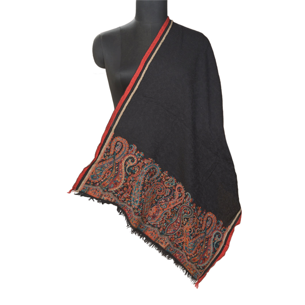Sanskriti Vintage Long Pure Woolen Black Shawl Woven Scarf Throw Soft Stole