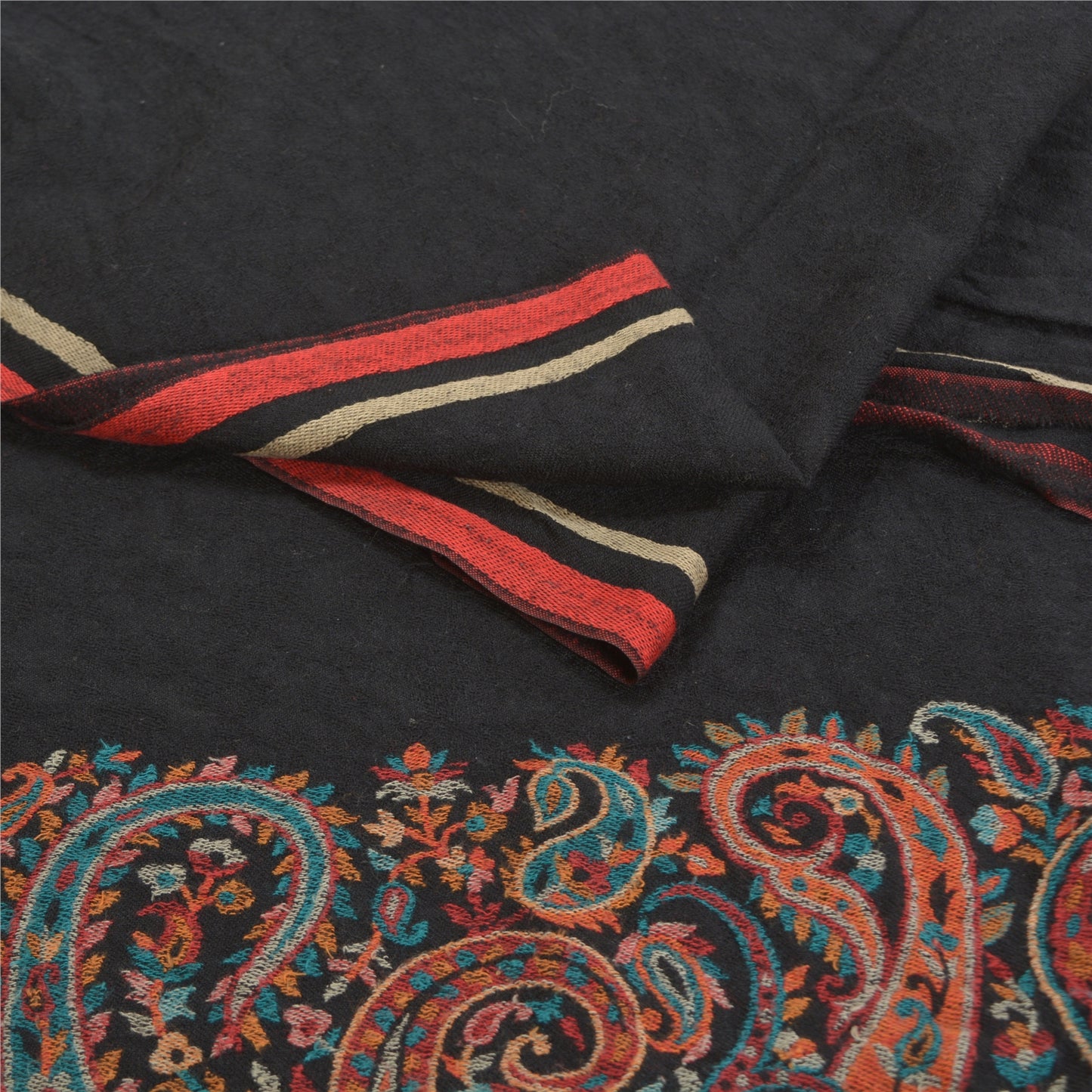 Sanskriti Vintage Long Pure Woolen Black Shawl Woven Scarf Throw Soft Stole