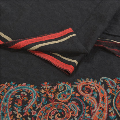 Sanskriti Vintage Long Pure Woolen Black Shawl Woven Scarf Throw Soft Stole