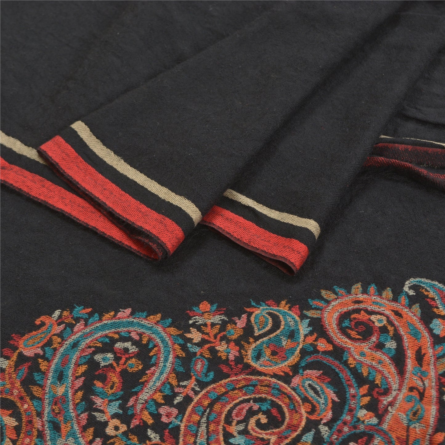 Sanskriti Vintage Long Pure Woolen Black Shawl Woven Scarf Throw Soft Stole