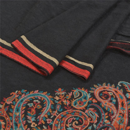 Sanskriti Vintage Long Pure Woolen Black Shawl Woven Scarf Throw Soft Stole