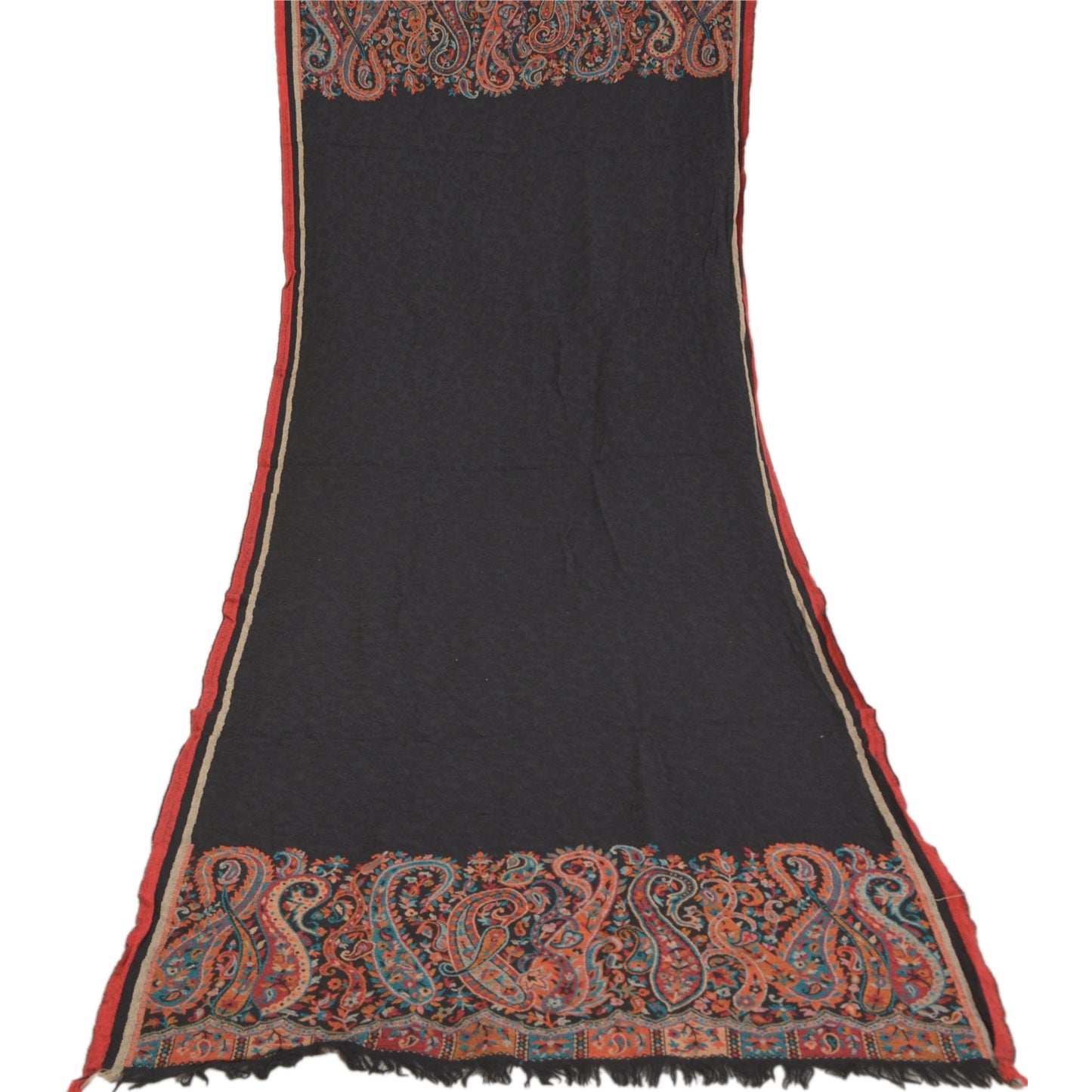 Sanskriti Vintage Long Pure Woolen Black Shawl Woven Scarf Throw Soft Stole