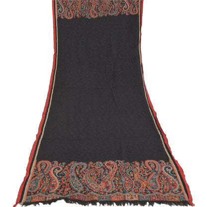 Sanskriti Vintage Long Pure Woolen Black Shawl Woven Scarf Throw Soft Stole