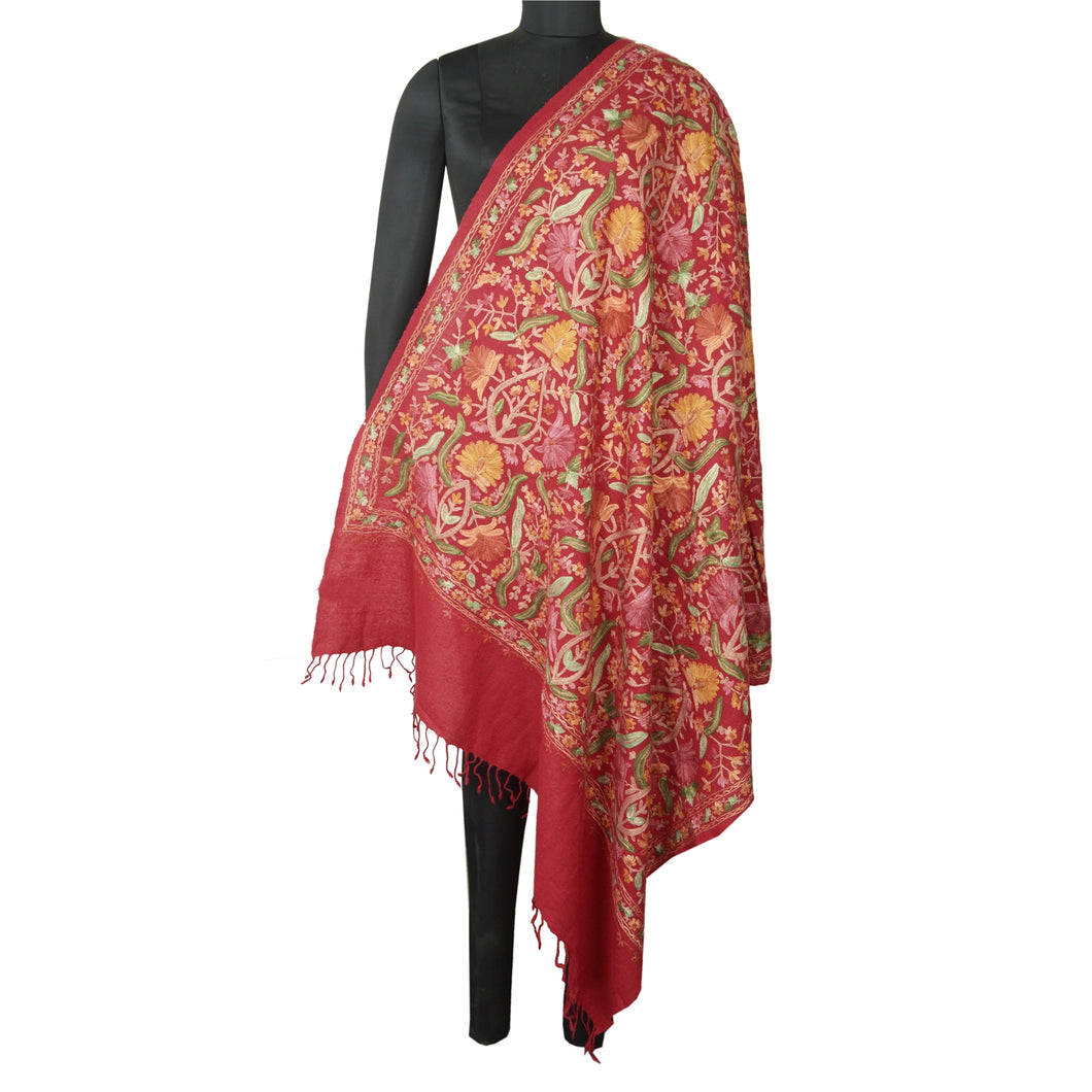 Sanskriti Vintage Long Red Pure Woolen Shawl Handmade Ari Work Scarf Stole
