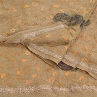Sanskriti Vintage Long Brown Pure Woolen Shawl Handmade Ari Work Scarf Stole