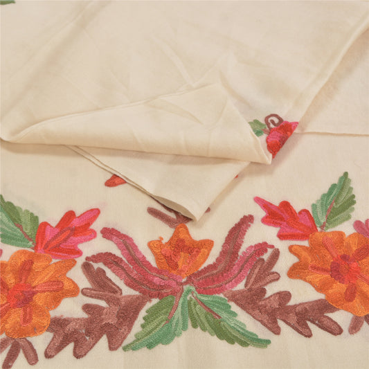 Sanskriti Vintage Long Ivory Pure Woolen Shawl Handmade Ari Work Scarf Stole