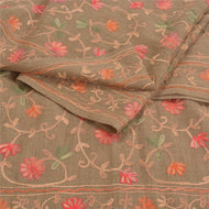 Sanskriti Vintage Long Brown Woolen Shawl Handmade Ari Work Scarf Throw Stole