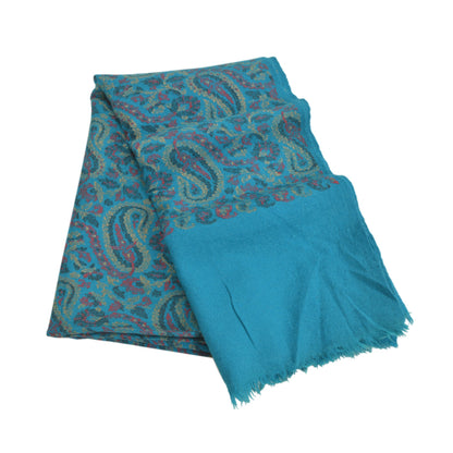 Sanskriti Vintage Long Blue Pure Woolen Shawl Hand-Woven Scarf Throw Stole
