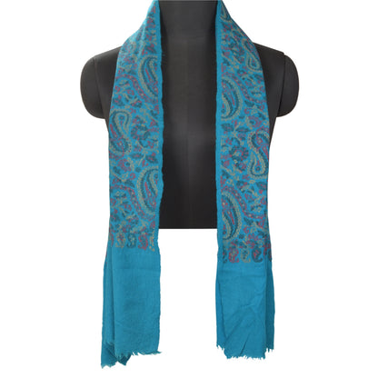 Sanskriti Vintage Long Blue Pure Woolen Shawl Hand-Woven Scarf Throw Stole