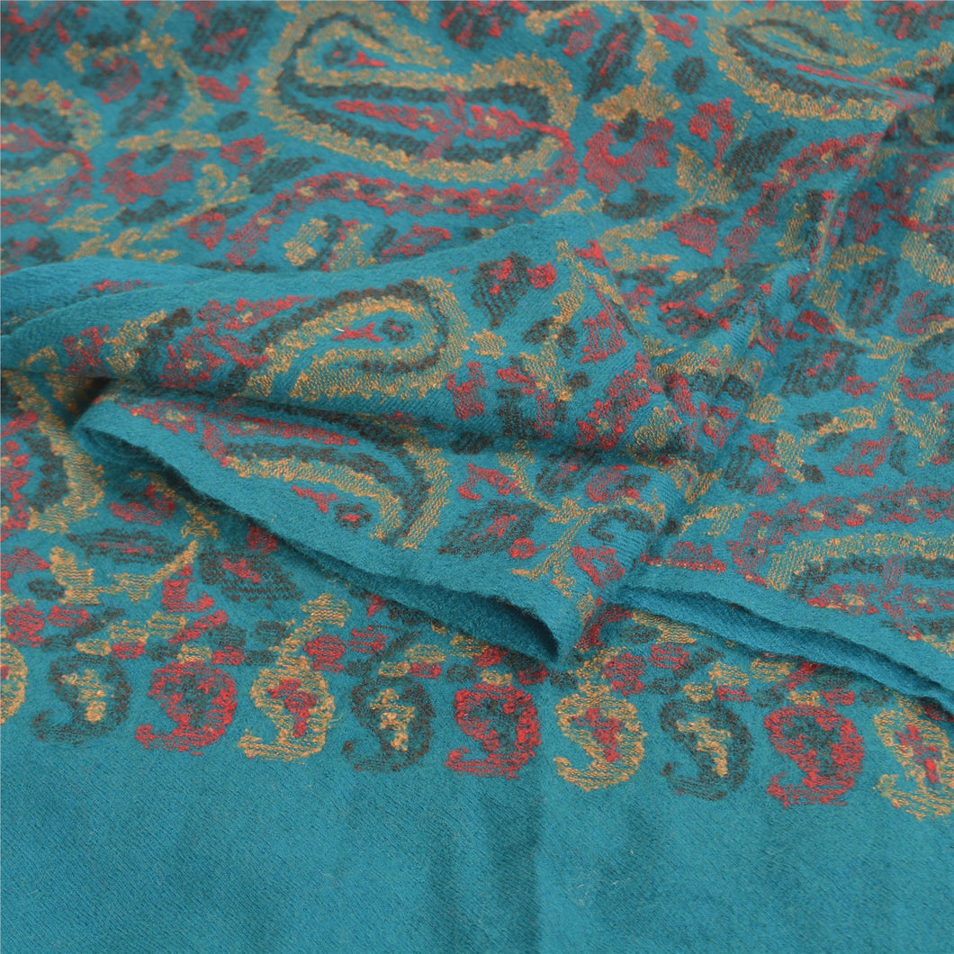 Sanskriti Vintage Long Blue Pure Woolen Shawl Hand-Woven Scarf Throw Stole