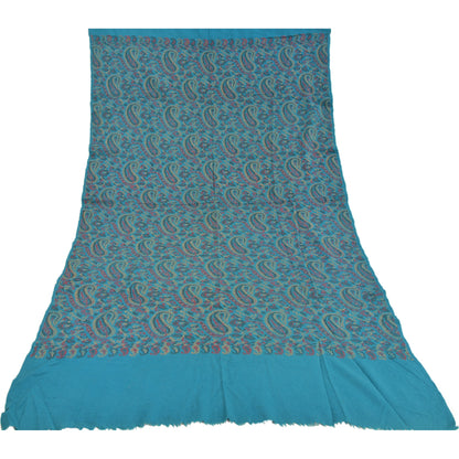 Sanskriti Vintage Long Blue Pure Woolen Shawl Hand-Woven Scarf Throw Stole