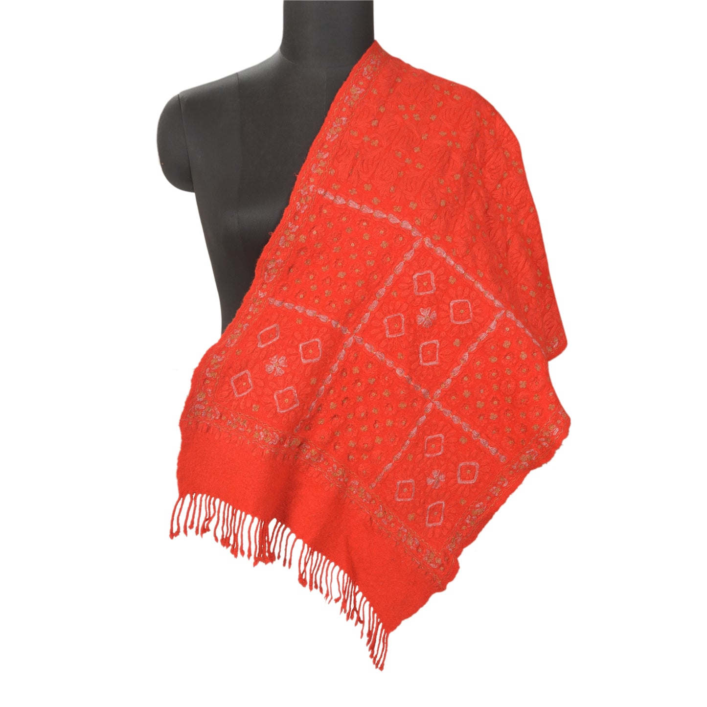 Sanskriti Vintage Long Red Pure Woolen Shawl Handmade Ari Work Scarf Stole