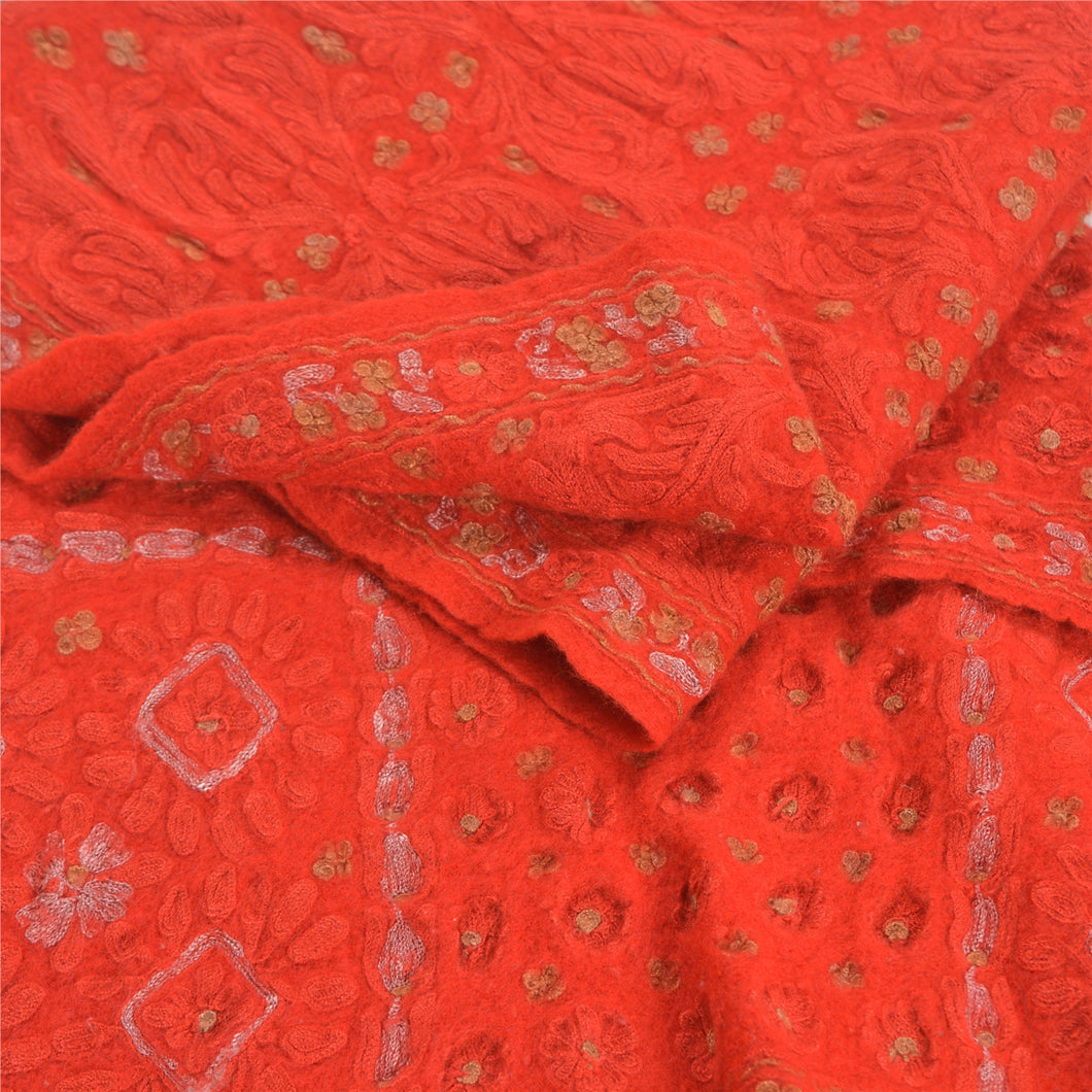 Sanskriti Vintage Long Red Pure Woolen Shawl Handmade Ari Work Scarf Stole
