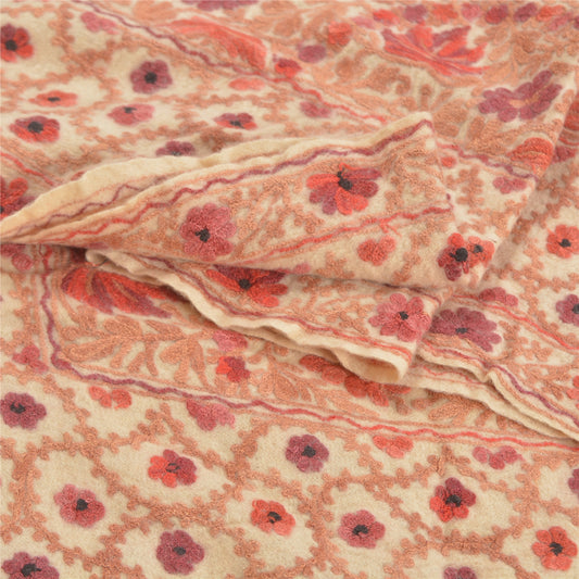 Sanskriti Vintage Ivory Pure Woolen Handmade Ari Work Shawl Long Throw Stole