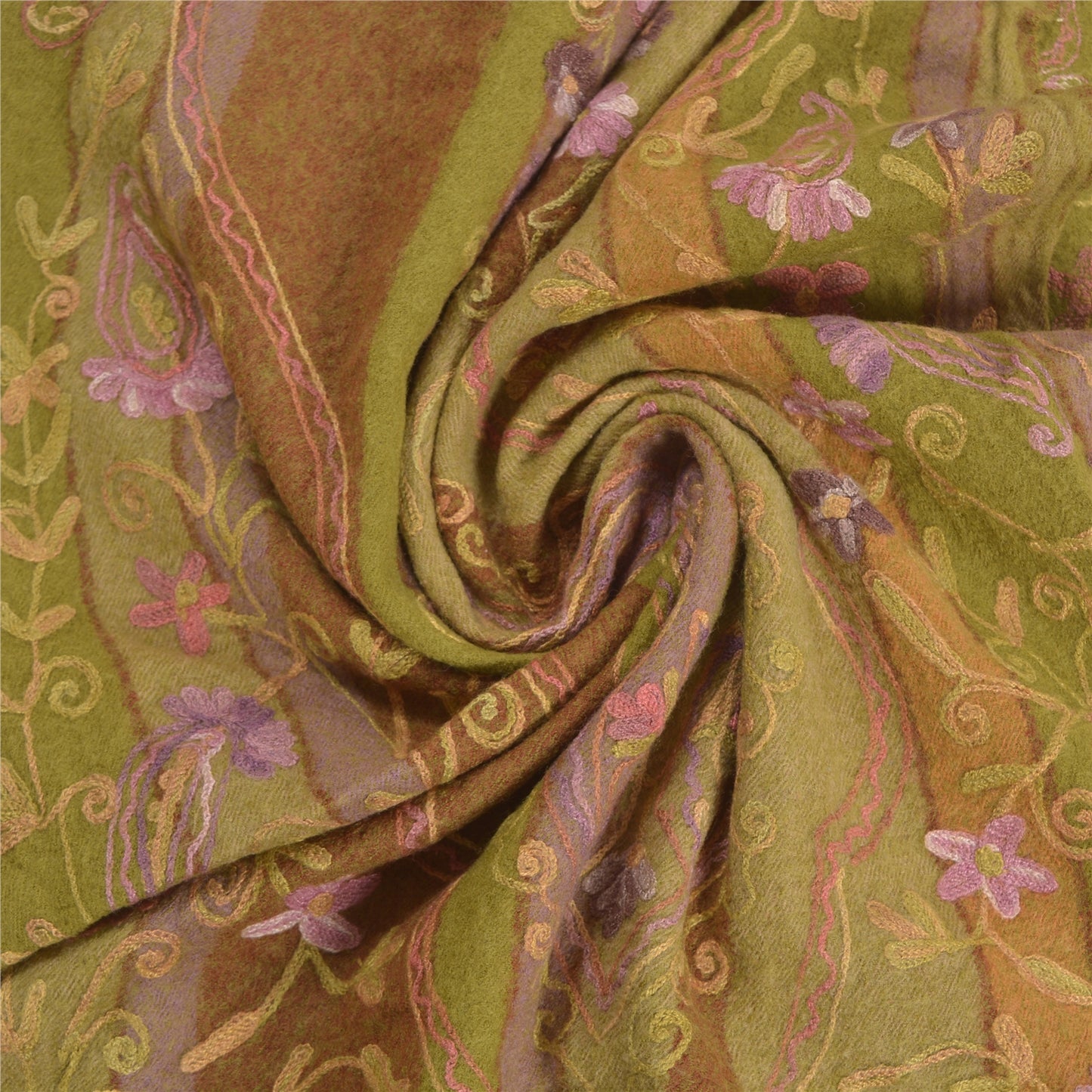 Sanskriti Vintage Long Green Pure Woolen Shawl Handmade Ari Work Scarf Stole