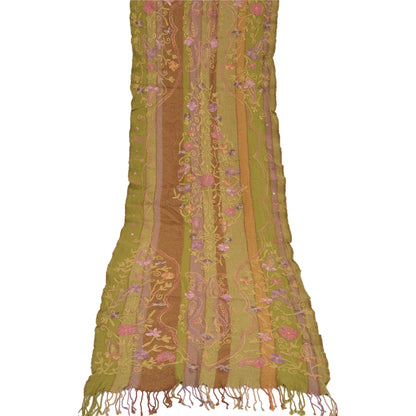 Sanskriti Vintage Long Green Pure Woolen Shawl Handmade Ari Work Scarf Stole