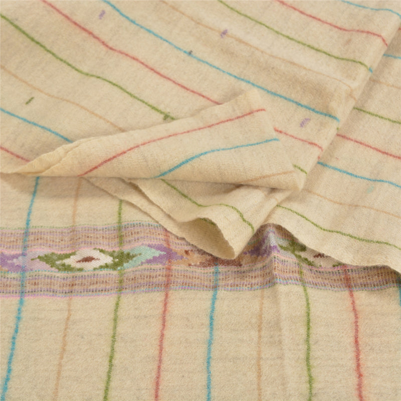 Sanskriti Vintage Ivory Pure Woolen Handmade Kullu Shawl Long Throw Stole
