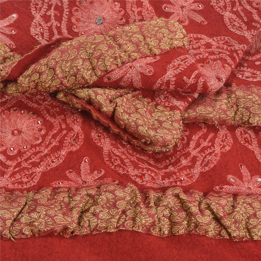 Sanskriti Vintage Long Dark Red Pure Woolen Shawl Handmade Ari Work Scarf Stole