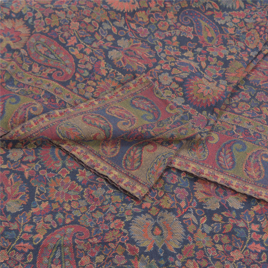 Sanskriti Vintage Blue 100% Pure Woolen Woven Shawl Long Throw Soft Stole