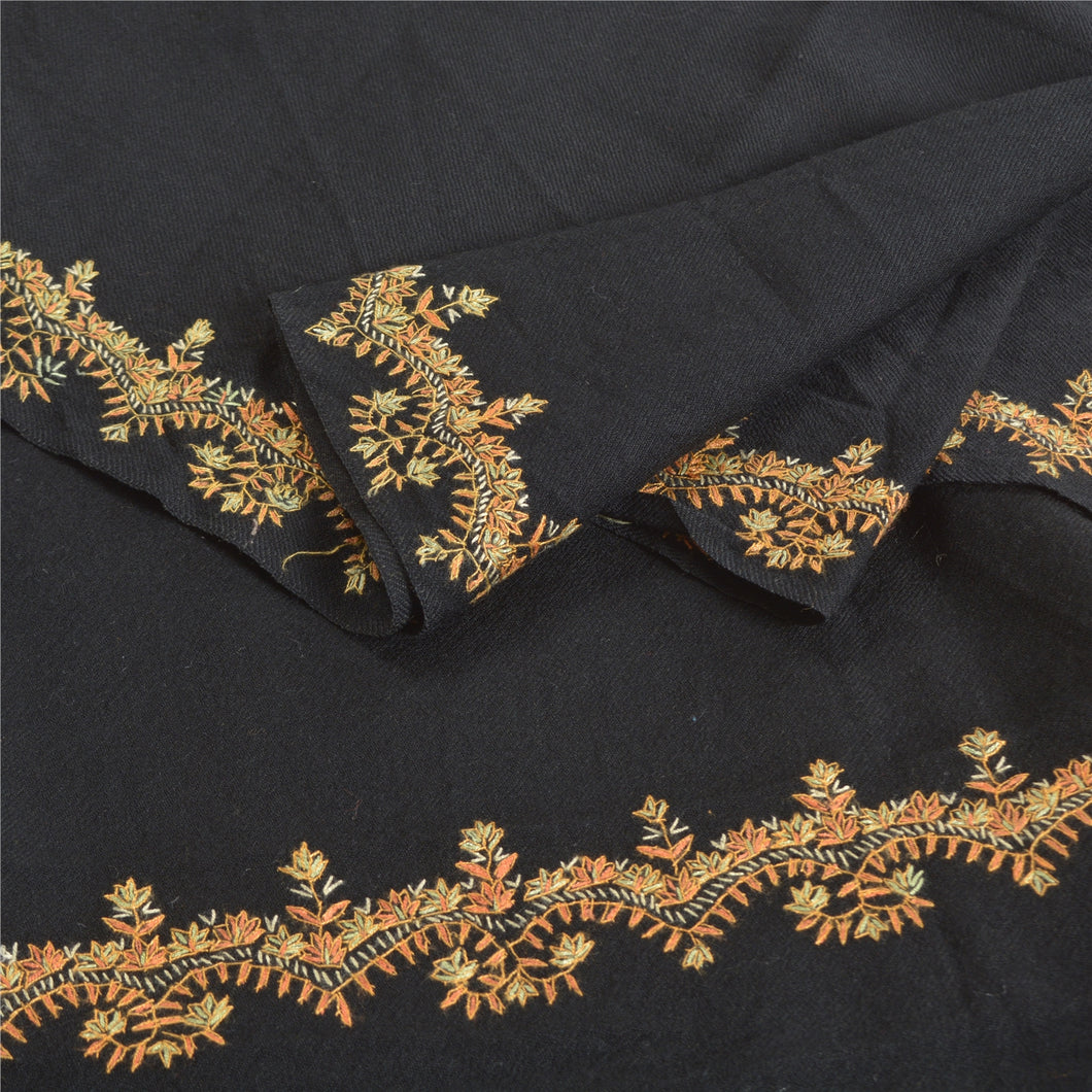 Sanskriti Vintage Long Black Pure Woolen Shawl Handmade Suzani Scarf Stole