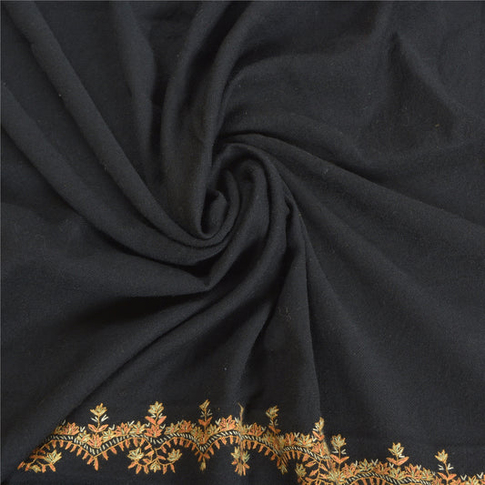 Sanskriti Vintage Langt Sort Ren Uld Sjal Håndlavet Suzani Tørklæde Stola