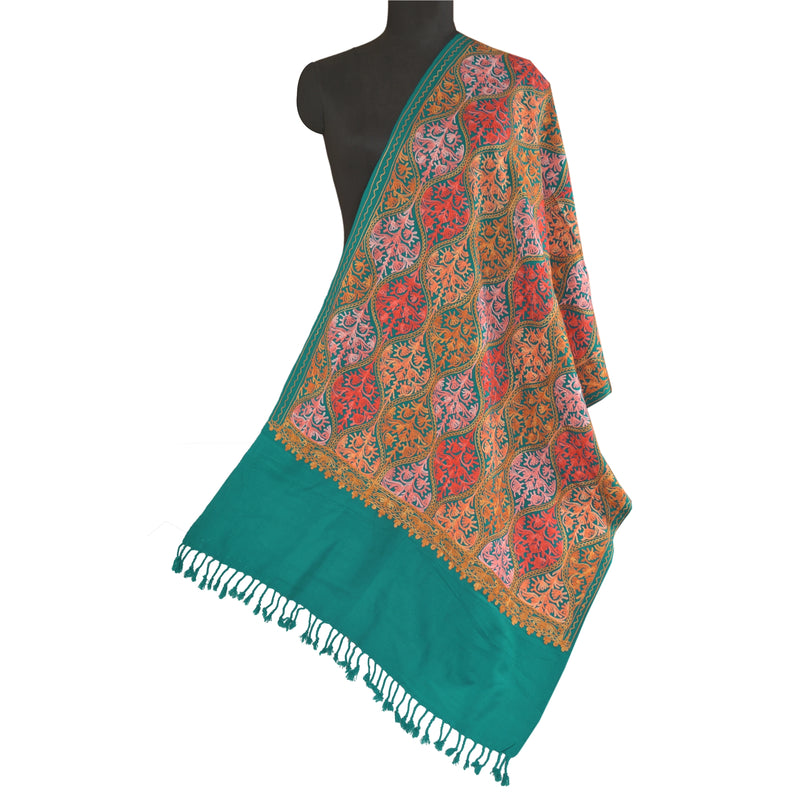 Sanskriti Vintage Long Shawl Green 100% Pure Woolen Head Stole Hand Embroidered Ari Kashmiri Thread Neck For Quilting Felting, Decor