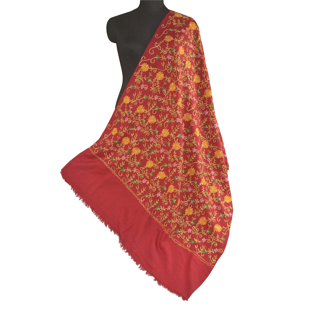 Sanskriti Vintage Long Red Woolen Shawl Hand Embroidered Ari Work Scarf Stole