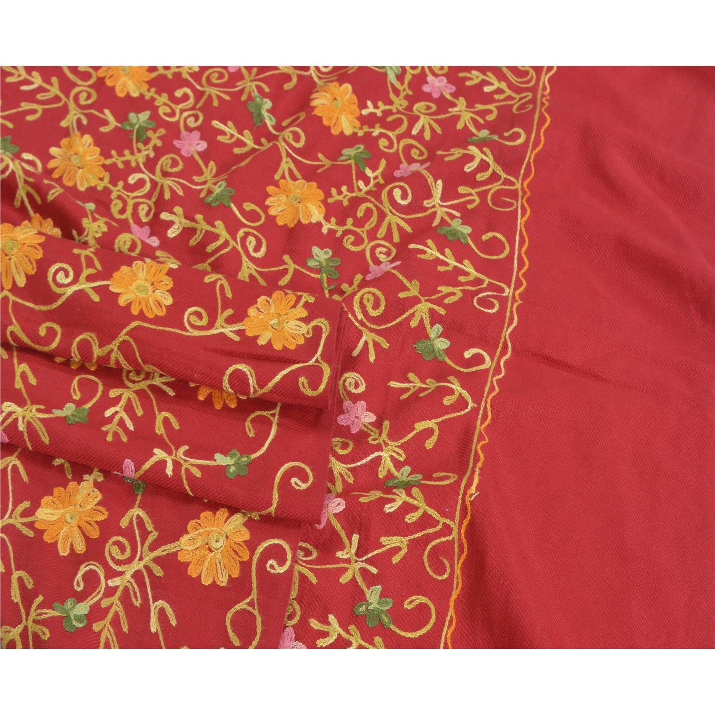 Sanskriti Vintage Long Red Woolen Shawl Hand Embroidered Ari Work Scarf Stole