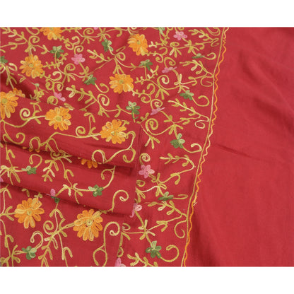 Sanskriti Vintage Long Red Woolen Shawl Hand Embroidered Ari Work Scarf Stole