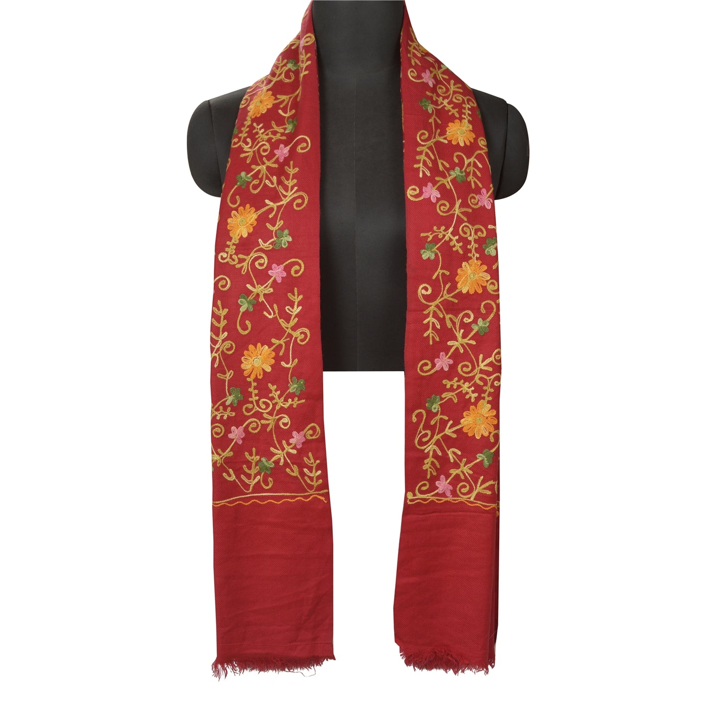 Sanskriti Vintage Long Red Woolen Shawl Hand Embroidered Ari Work Scarf Stole