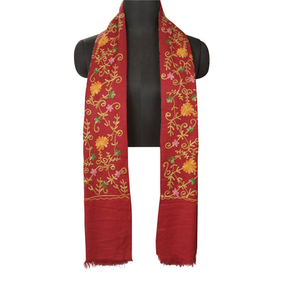 Sanskriti Vintage Long Red Woolen Shawl Hand Embroidered Ari Work Scarf Stole