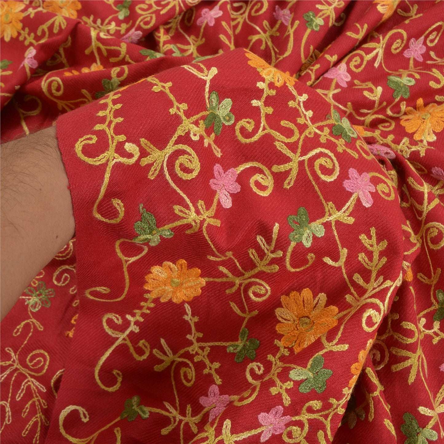 Sanskriti Vintage Long Red Woolen Shawl Hand Embroidered Ari Work Scarf Stole