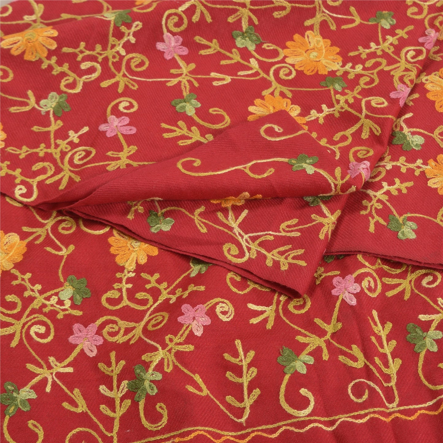 Sanskriti Vintage Long Red Woolen Shawl Hand Embroidered Ari Work Scarf Stole