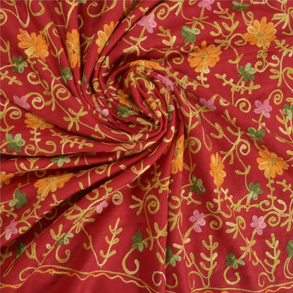 Sanskriti Vintage Long Red Woolen Shawl Hand Embroidered Ari Work Scarf Stole