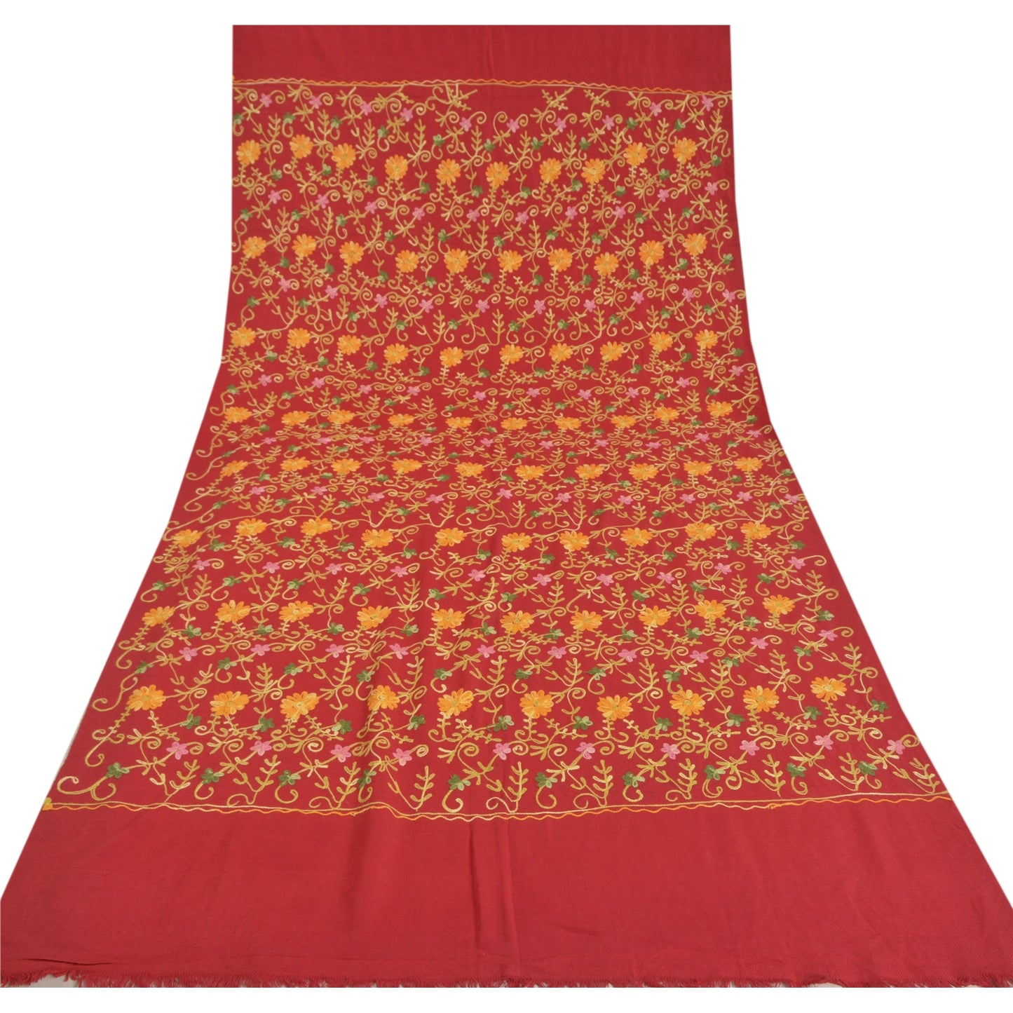 Sanskriti Vintage Long Red Woolen Shawl Hand Embroidered Ari Work Scarf Stole