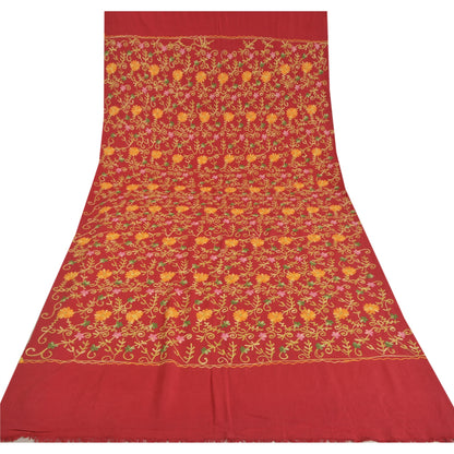 Sanskriti Vintage Long Red Woolen Shawl Hand Embroidered Ari Work Scarf Stole