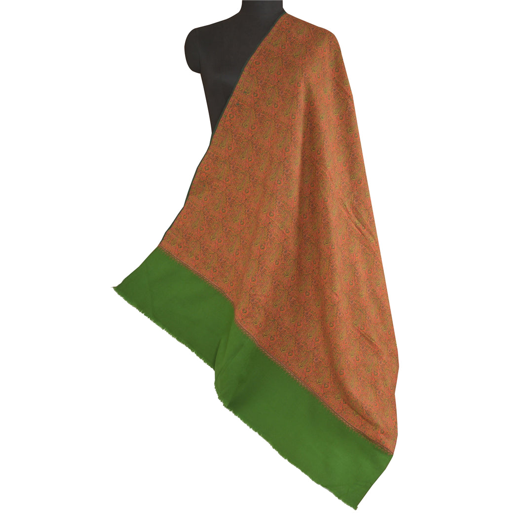 Sanskriti Vintage Long Green Pure Woolen Shawl Woven Scarf Throw Soft Stole