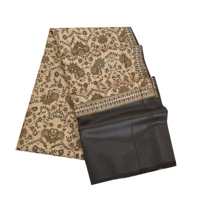 Sanskriti Vintage Long Ivory Woolen Shawl Woven Scarf Throw Soft Floral Stole