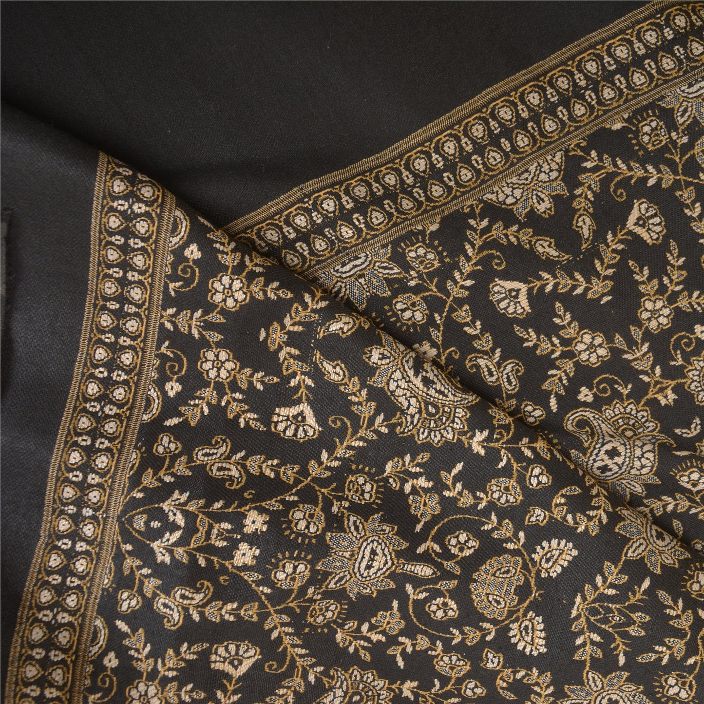 Sanskriti Vintage Long Ivory Woolen Shawl Woven Scarf Throw Soft Floral Stole