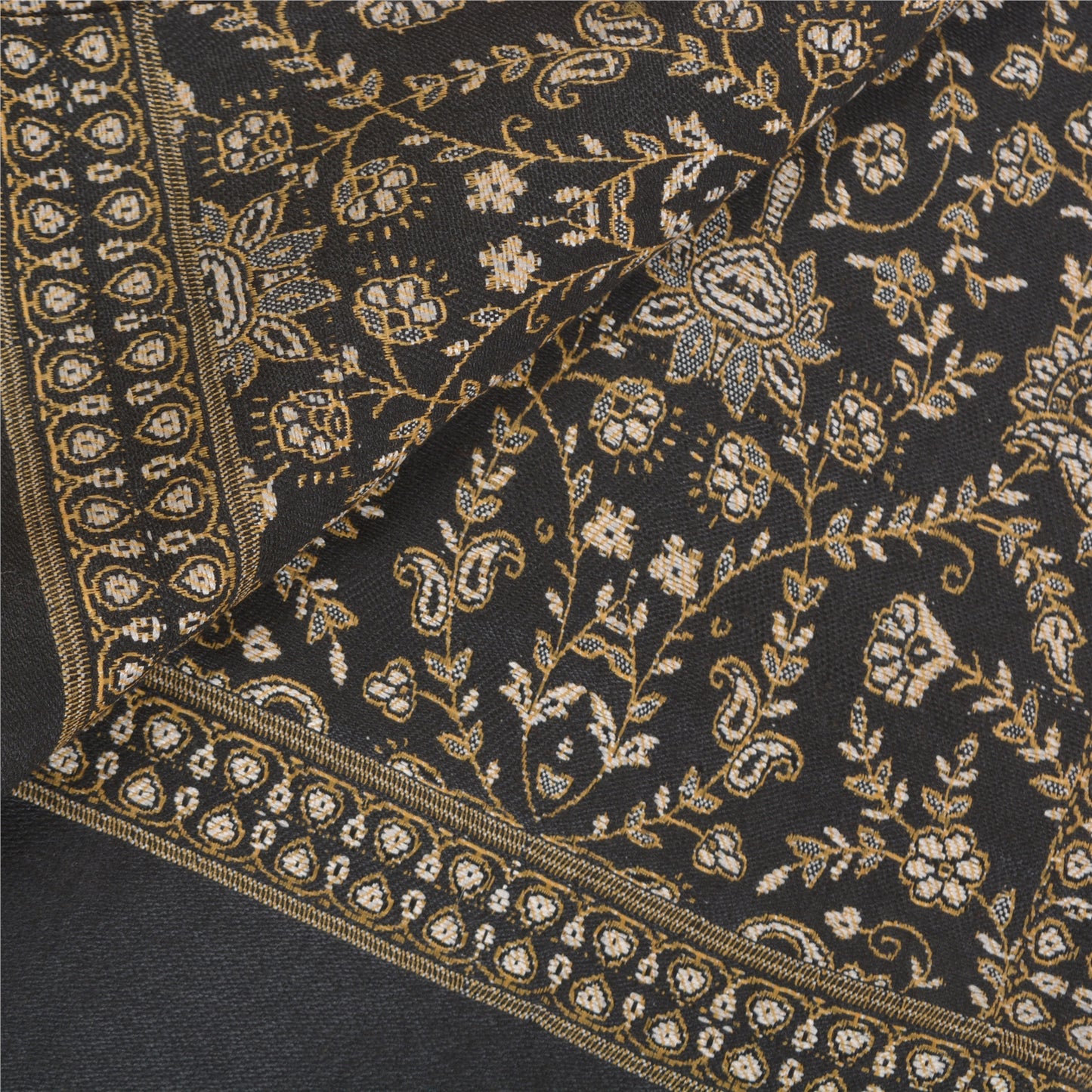 Sanskriti Vintage Long Ivory Woolen Shawl Woven Scarf Throw Soft Floral Stole