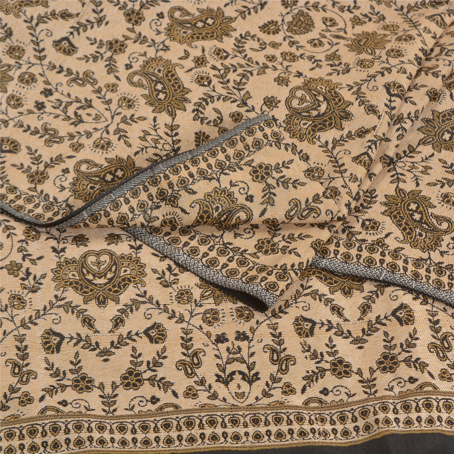 Sanskriti Vintage Long Ivory Woolen Shawl Woven Scarf Throw Soft Floral Stole