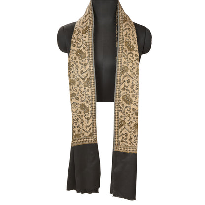 Sanskriti Vintage Long Ivory Woolen Shawl Woven Scarf Throw Soft Floral Stole