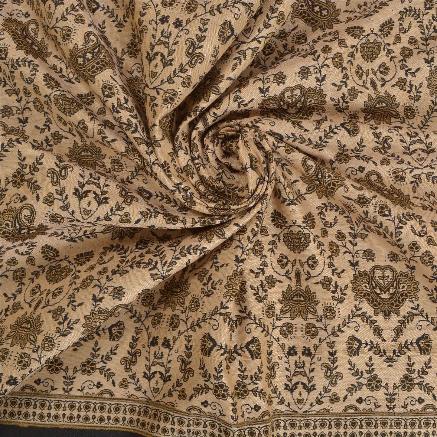 Sanskriti Vintage Long Ivory Woolen Shawl Woven Scarf Throw Soft Floral Stole
