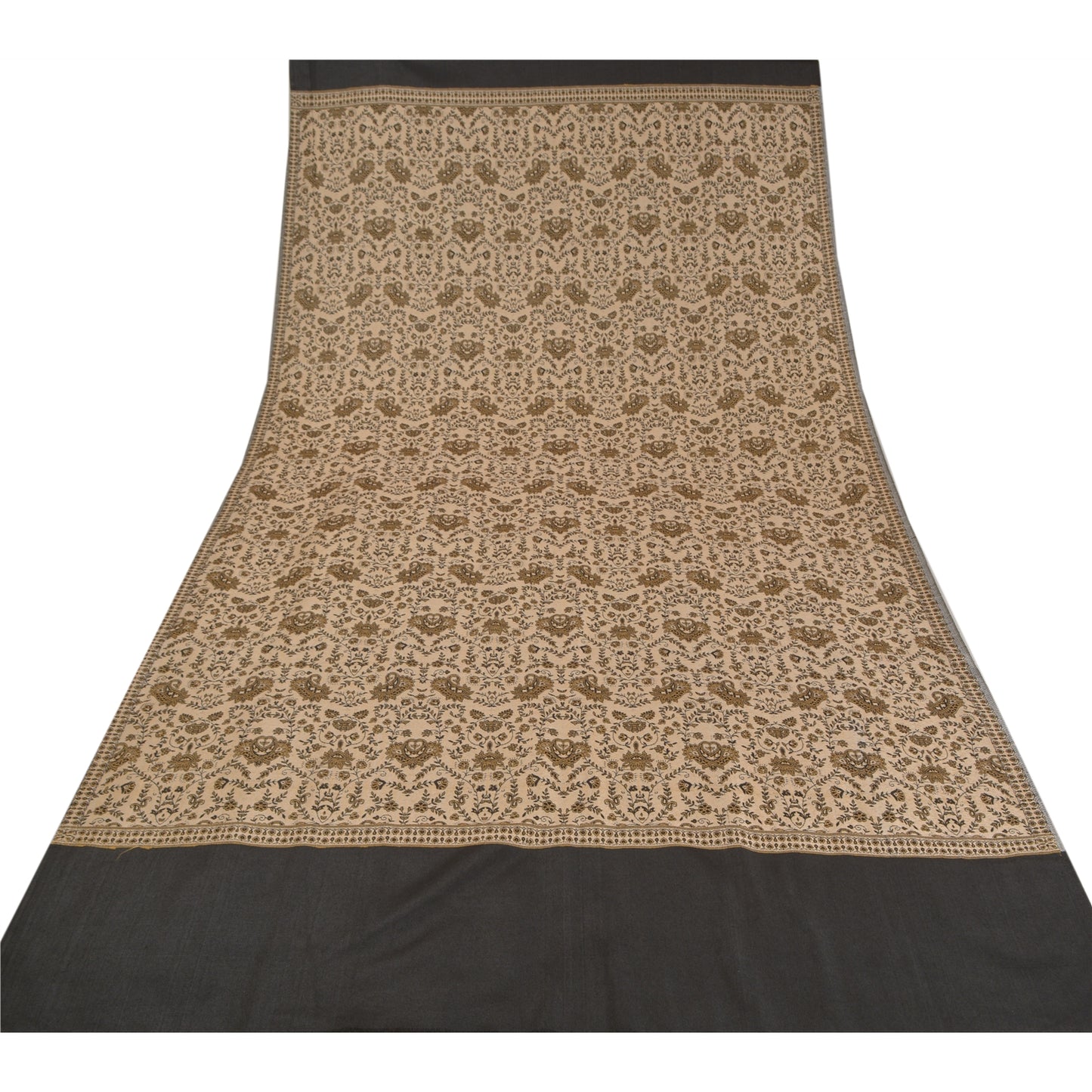 Sanskriti Vintage Long Ivory Woolen Shawl Woven Scarf Throw Soft Floral Stole