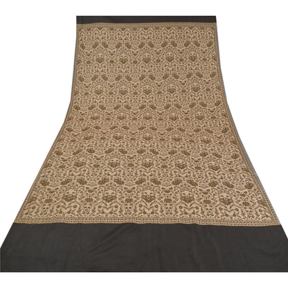 Sanskriti Vintage Long Ivory Woolen Shawl Woven Scarf Throw Soft Floral Stole