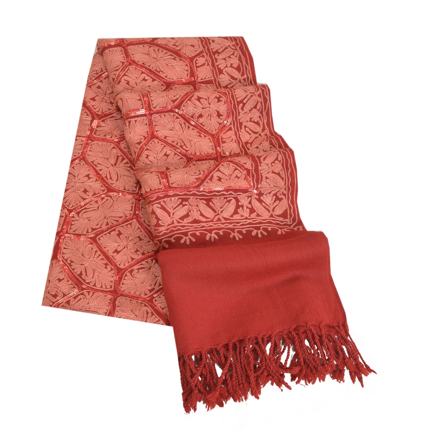 Sanskriti Vintage Long Red Pure Woolen Shawl Handmade Ari Work Scarf Stole