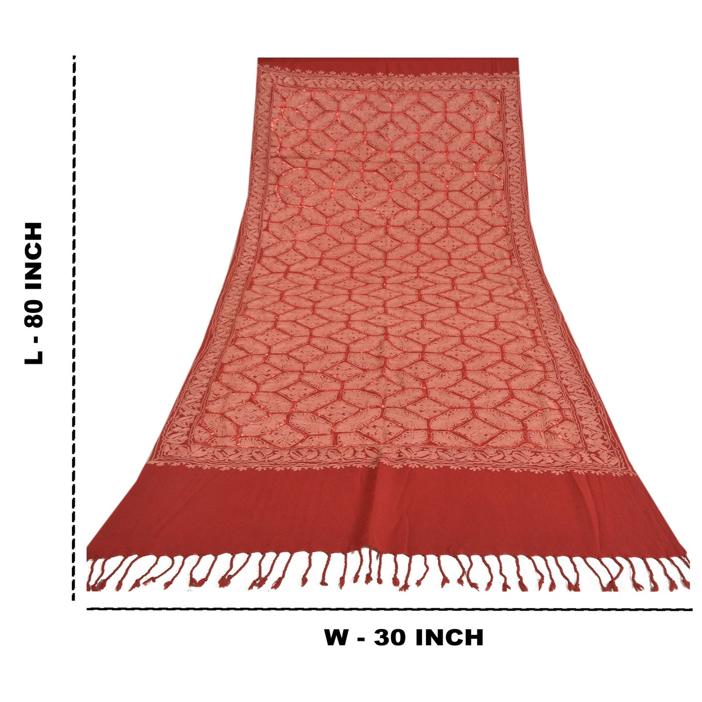 Sanskriti Vintage Long Red Pure Woolen Shawl Handmade Ari Work Scarf Stole