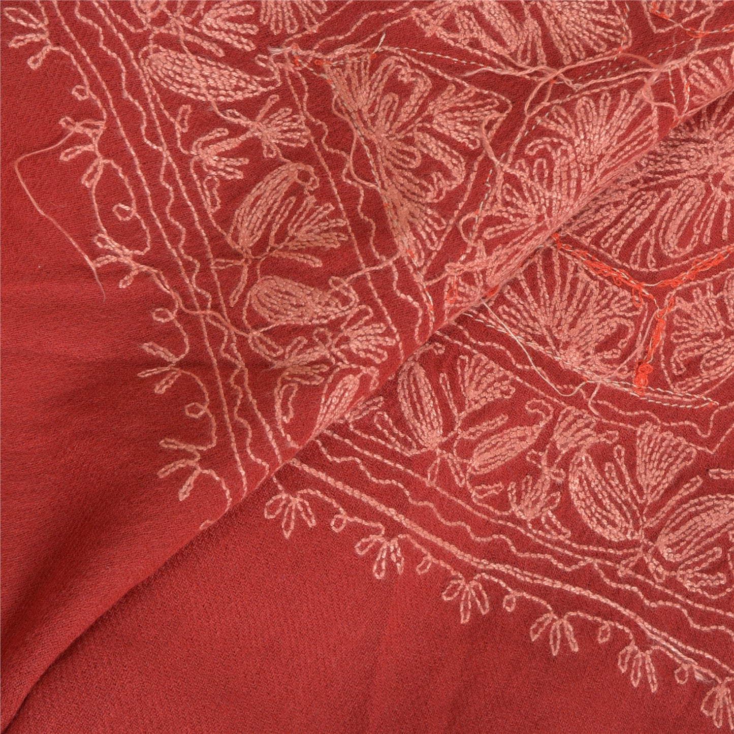 Sanskriti Vintage Long Red Pure Woolen Shawl Handmade Ari Work Scarf Stole
