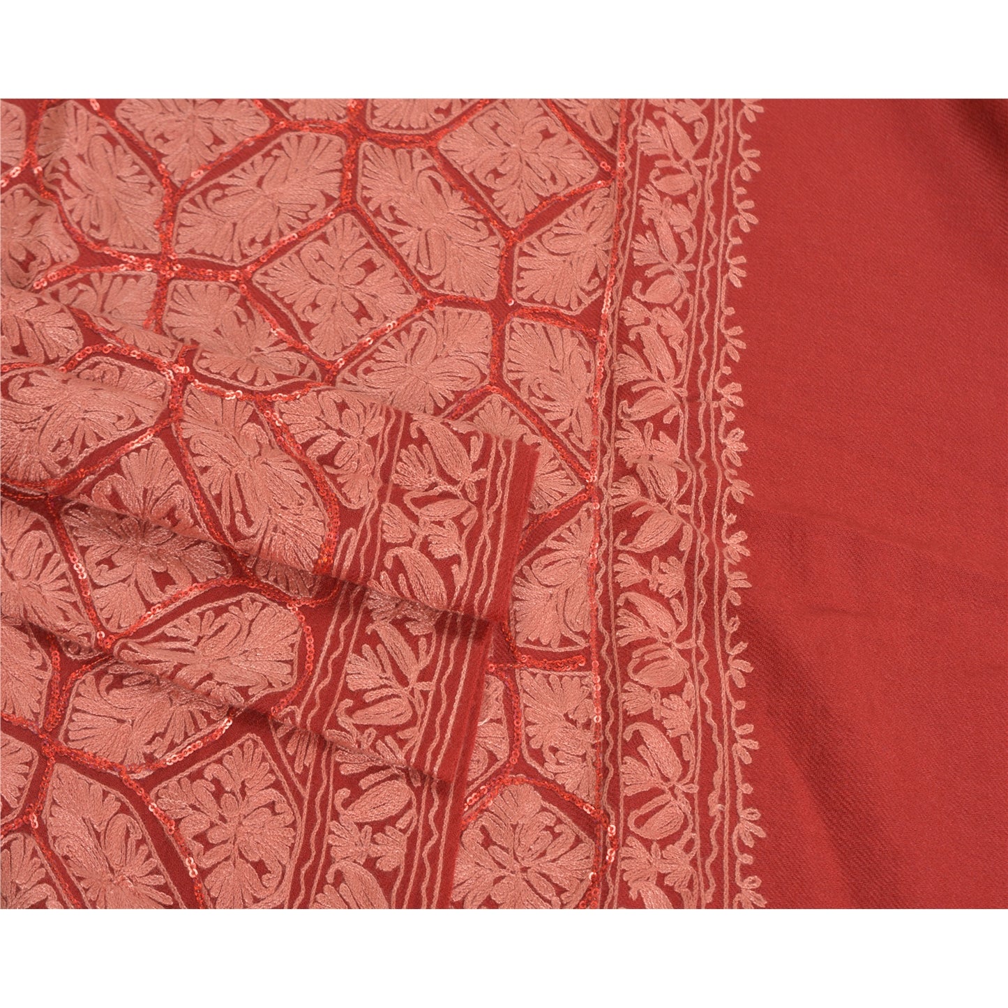 Sanskriti Vintage Long Red Pure Woolen Shawl Handmade Ari Work Scarf Stole