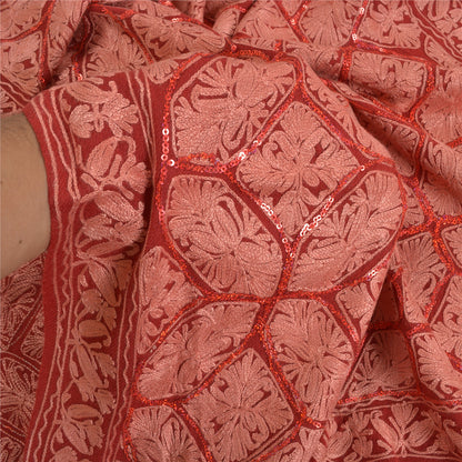 Sanskriti Vintage Long Red Pure Woolen Shawl Handmade Ari Work Scarf Stole